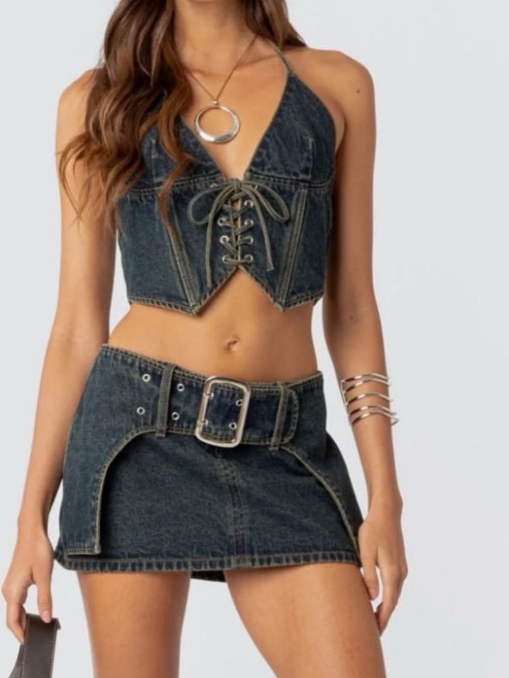 Edikted Dark Denim Lace-Up Halter Mini Dress Set